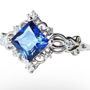 New faux Sapphire Ring sz 8 Wedding Noble shiny ornate inlaid gemstone peacock
